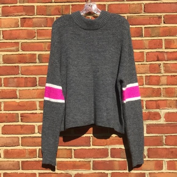 Gray and Pink Revolve John + Jenn Varsity Stripe Mock Neck Sweater - Picture 5 of 13